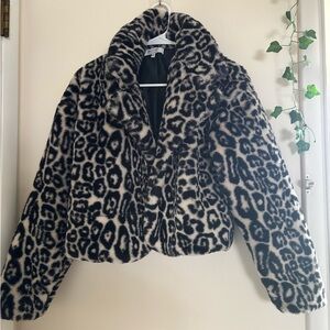 Stoosh Leopard Print Faux Fur Jacket - Black & Cream